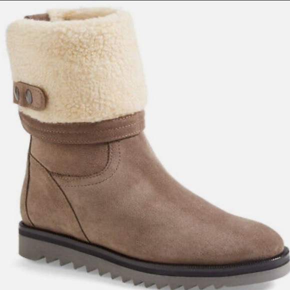 Aquatalia Perdi Weatherproof Taupe Suede lined shearling Cuff Ankle Boot 9 - Picture 1 of 15